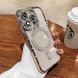 جراب فاخر Fekra لهاتف iPhone 16 Pro Max يدعم Mag-Safe، مغناطيسي للنساء، مزين بحواف ماسية، شفاف (ذهبي، iPhone 16 Pro Max)