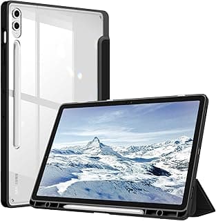 جراب هجين نحيف لجهاز سامسونج Galaxy Tab S9 FE+ Plus/Galaxy Tab S9+ Plus مقاس 12.4 بوصة 2023 مع مكان لقلم S Pen، جراب حماية ضد الصدمات بظهر شفاف، خاصية النوم/الاستيقاظ التلقائي، أسود