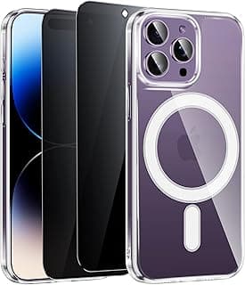 جراب موبايل مغناطيسي لـ iPhone 14 Pro/iPhone 13 Pro مع 2 اسكرينة حماية للخصوصية، متوافق مع MagSafe، جراب سيليكون TPU شفاف، جراب شفاف لـ iPhone 14