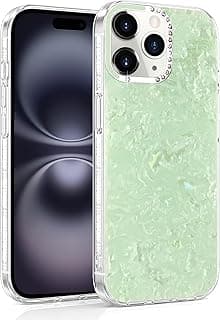 Dl3 Mobilak Shiny Marble Case for iPhone 15 Pro Max, Glossy Glitter Hard Back Cover with Soft TPU Frame Bumper, Rhinestone Camera Frame, Slim Shockproof Protective Phone Case - Mint Green