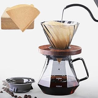 طقم تحضير قهوة مقطرة Moonmen V60، سيرفر قهوة زجاجي 600 مل مقاس 02، قمع تقطير زجاجي مع قاعدة خشبية للمنزل والمكتب - رمادي (تصميم ماسي مع ورق ترشيح)