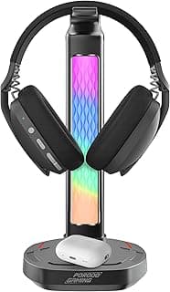 RGB Headphone Stand, Wireless Charging & USB-C Hub with Screen Lamp 5W-Black