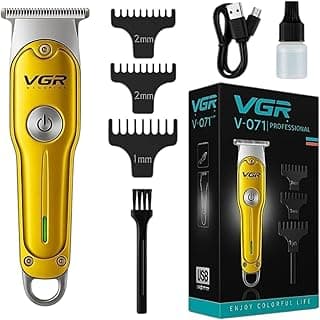 Professional Hair Trimmer V-071, T-Blade, 2 Speed Motor, USB Rechargeable, with 3 Guide Combs (Gold)