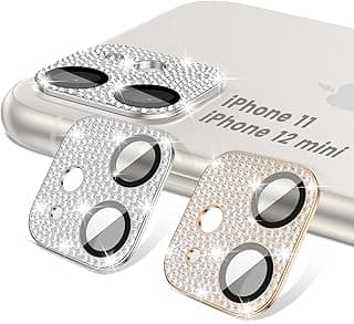 [2 Pack] Bling Camera Lens Protector Compatible with iPhone 11 & 12 Mini, Glitter Diamond Metal Lens Screen Full Protective Cover Phone Accessories (Silver+Rose Gold)