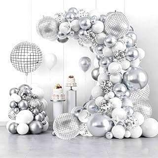 Disco Ball Balloon Arch 22 Inch Disco Ball White and Silver Foil Balloon Party Decorations Arch Kit for Adult Kids Birthday Dance Party Supplies
