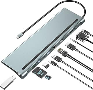 قاعدة توصيل مزدوجة موزع USB-C 11 في 1 محول USB من النوع C الى HDMI + VGA شحن للكمبيوتر المحمول شاشة ممتدة متعددة المنافذ USB3.0 USB2.0 SD - TF صوت لأجهزة ديل وسيرفيس واتش بي ولينوفو بوايتك