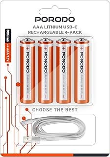 Rechargeable AAA Batteries, Universal Double AAA, Pack of 4, 800mWh Capacity, USB Type‐C Charging Port (White/Orange)