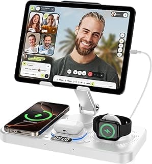 6 in 1 Wireless Charger for Apple Device, 30W Foldable Charging Station for ipad with Clock & 7 Color Ambient Light, Nightstand Wireless Charger for iPhone 16/15/14/iWatch Series/AirPods 4/3 (White)