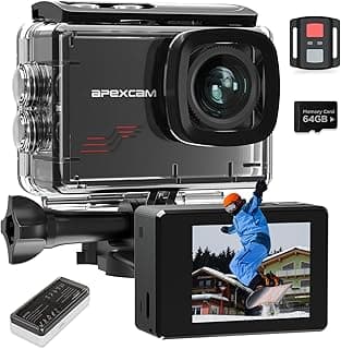 Apexcam M80 Action Cam with 64 GB Card 4 K 60 FPS 48 MP WiFi 40 m Ultra HD Underwater Waterproof Sports Camera 8 x Zoom Pre-Recording Wide Angle with 2 x 1350 Battery Accessories Kit