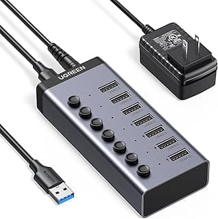 موزع يوجرين بمنفذ USB 3.0 يعمل بالطاقة 4 ذكي يدعم نقل التاريخ مقسم فردي 7 منافذ ومؤشر LED 12 فولت-2 امبير محول الومنيوم للكمبيوتر واللاب توب وماك بوك برو واير