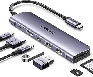 موزع USB C 7 في 1 من يوجرين USB-C بسرعة 5 جيجابايت الثانية مع منفذ HDMI 4K توصيل طاقة 100 وات ومنفذي بيانات USB-A وقارئ بطاقات SD TF محول متعدد المنافذ لماك بوك اير وايباد برو الألوان، متعدد الألوان