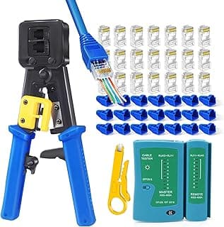 RJ45 Crimp Tool Cat6 Cat5e Cat5 Ethernet Crimper Kit for RJ45 RJ12/11 Pass Through Connectors with 50pcs rj45 Cat6 Pass Through Connectors, 50pcs Covers, Wire Stripper; Network Cable Tester