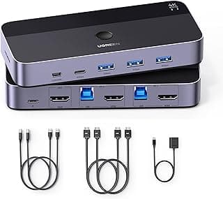 محول كيه في ام HDMI 4K 60 هرتز بمدخلين ومخرج مع 3 منافذ USB نوع ايه و1 USB نوع سي 3.0 5 جيجابت في الثانية للوحة المفاتيح والماوس والقرص الصلب مع وحدة تحكم سطح المكتب وكابلين HDMI بطول 1 متر من يوجرين