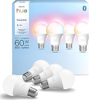 فيليبس هيو مصباح LED ذكي A19 من اسينشيال، لون ابيض ومحيط، قاعدة E26، 8.8 واط، 2200-6500 كلفن، 800 لومن، قابل للتعتيم، يعمل مع اليكسا ومساعد جوجل وابل هوم، 4 قطع