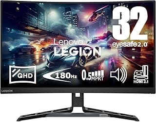 شاشة ألعاب لينوفو منحنية ليجن R32qc-30 مقاس 31.5 بوصة QHD 2560×1440 بتردد 180 هرتز و350 وحدة مضيئة في البكسل ووقت استجابة 0.5 مللي ثانية ومنفذ HDMI ومنفذ عرض وAMD فري سينك، 8.3 كجم - لون أسود