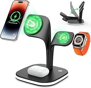 قاعدة شحن لاسلكية مغناطيسية متوافقة مع أجهزة ابل، شاحن قابل للطي 4 في 1 مع USB وإضاءة ليلية، منصة شحن سريع 15W لساعة ابل وسماعات ايربودز (QV872)