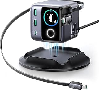 JOYROOM 140W GaN Desktop Charger with Dual Retractable USB-C Cables, 5-Port, Smart LCD Display, Magnetic Base with 180° Rotation, 75.1x82.3x76.3mm