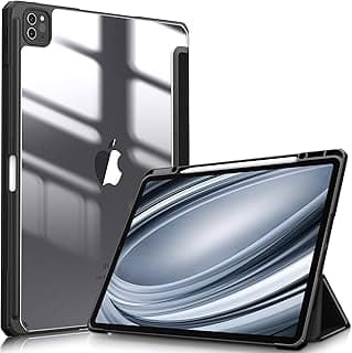 جراب هجين متوافق مع ابل iPad Pro 12.9 بوصة (2022/2021/2020/2018، الجيل السادس/الخامس/الرابع/الثالث) - غطاء خلفي شفاف ضد الصدمات مع مكان للقلم، خاصية النوم/الاستيقاظ التلقائي، أسود