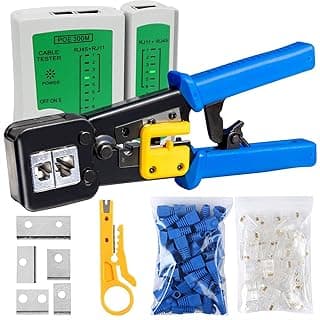 طقم أداة كبس RJ45 مع Pass Through لـ Cat5 Cat5e Cat6، لـ RJ45/RJ12 العادي وموصلات End-Pass-Through مع جهاز اختبار كابلات، 50 موصل Cat6، 50 غطاء، أسود