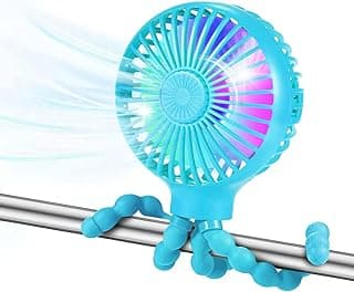 Stroller Fan, Personal Table Fan with Flexible Tripod Design, USB Rechargeable Fan with LED Lights, Suitable for Baby, Office, Car, Camping (Blue)