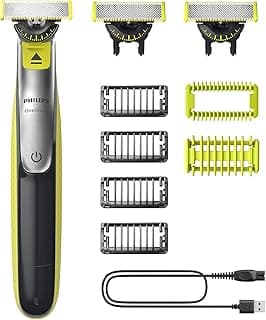 ماكينة حلاقة وتشذيب كهربائية OneBlade 360 للوجه والجسم، 3 شفرات 360، 4 ملحقات تشذيب (1/2/3/5 مم)، 2 ملحق للجسم، حلاقة جافة ومبللة (QP2834/31)