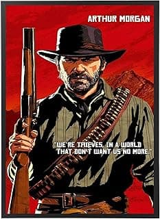 برواز فني للعبة Red Dead Redemption 2 من روكستار مع إطار خشبي أسود، يمكن تعليقه على الحائط
