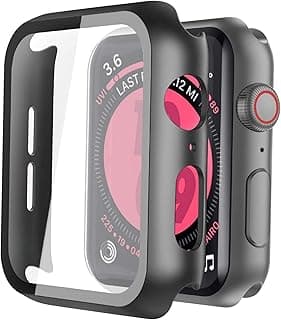 جراب صلب أسود متوافق مع Apple Watch SE Series 6 Series 5 Series 4 مقاس 40mm مع اسكرينة حماية، جراب حماية شامل زجاج مقوى HD فائق النحافة