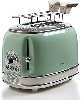 Vintage Toaster 2 Slices 155, Toaster with 6 Toasting Levels, Automatic Ejection, Defrost Function, Removable Crumb Tray, Stainless Steel Body, 810W, Green
