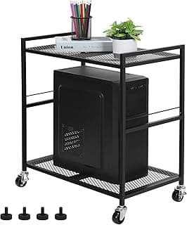 567150 Computer Tower Stand White PC 2 Tier CPU Holder Rack with Wheels Metal Mobile Computer CPU Unit Cart Rolling PC Stand Floorstanding Home Office - Black
