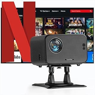 بروجيكتور ذكي صغير بنظام اندرويد وتركيز تلقائي 30000L مع واي فاي وبلوتوث ودعم 4K وصوت ستيريو 3D للمنزل والحدائق مع حامل قابل للتعديل 360 درجة