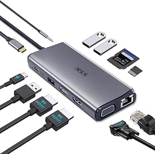 قاعدة توصيل SSK للابتوب USB C لشاشتين، محول 11 في 1 مع HDMI 4K/60Hz، قاعدة Thunderbolt لعرض ثلاثي مع 2 HDMI+VGA، منفذ ايثرنت RJ45، طاقة 100W PD، 3 منافذ USB لاجهزة ابل MacBook وديل واتش بي ولينوفو