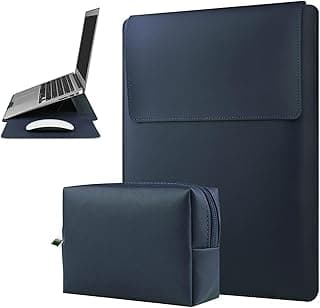 جراب لابتوب جلد مقاس 13-14 بوصة متوافق مع MacBook Air Pro Surface ديل XPS حقيبة لابتوب أنيقة واقية غطاء نحيف متين مع بطانة ناعمة مثالية للمكتب والسفر - أزرق كحلي