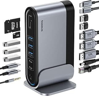 قاعدة توصيل 17 في 1، قاعدة توصيل 3 شاشات مع 2 HDMI + منفذ عرض، 7 USB، ايثرنت 1Gbps، 100 واط PD، قارئ بطاقات SD/TF، قاعدة توصيل لابتوب متوافقة مع ديل/اتش بي/ماك/لينوفو/ستيم ديك من باسيوس