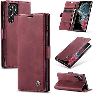 جراب موبايل متوافق مع سامسونج Galaxy S22 Ultra غطاء قلاب فاخر من جلد PU مع فتحة بطاقات وحامل وظيفي متوافق مع سامسونج Galaxy S22 Ultra (أحمر)