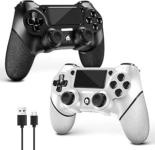 عدد 2 يد تحكم لاسلكية AceGamer لجهاز PS4 متوافقة مع PS4/Pro/Slim/PC، مع مقبض مانع للانزلاق من الجانبين و2 كابل USB-C! (أسود وأبيض)