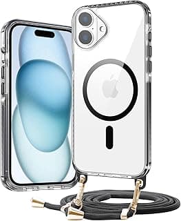 Magnetic Case for iPhone 16 Case Clear, with Crossbody Lanyard Adjustable Strap, Compatible With Magsafe, [2-Way Use] [Military-Grade Protection] Slim Shockproof Cover - Black
