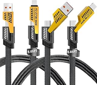 عبوة 2 كابل شحن سريع 4 في 1، نقل بيانات، 6.65 قدم، كابل مجدول 65W، USB C وUSB A ومنفذ ابل، كابل شحن متعدد للهواتف/التابلت