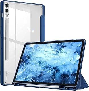Hybrid Case for Samsung Galaxy Tab S9 FE+/Tab S9 Plus 12.4 Inch 2023 Tablet with Pen Holder - Shockproof Protective Case with Transparent Hard Shell on the Back, Blue