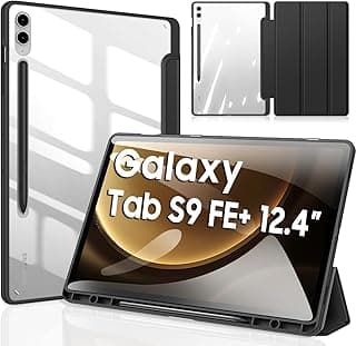 Case for Samsung Galaxy Tab S9 FE+ Plus 12.4 Inch 2023 with S-Pen Pen Holder, Lightweight PU Protective Case with Transparent PC Back Case for Samsung Tab S9 FE Plus, Auto Sleep/Wake, Black