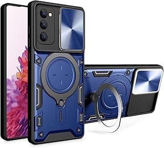 جراب موبايل متوافق مع سامسونج Galaxy S20 FE مع غطاء كاميرا منزلق، جراب حماية صلب ومضاد للصدمات مع حلقة CD (أزرق)