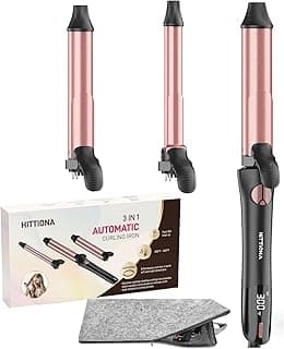 Rotating Curling Iron - 3 in1 Automatic Curling Iron for Lasting Beach Waves Curls, 3/4, 1 1/4, 1 Inch Interchangeable Curlingwand with Adjustable Temp, Instant Heat, Dual Voltage