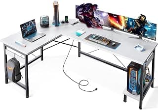 طاولة ألعاب مع مقابس ومنفذ شحن USB، مكتب ألعاب مع حامل وحدة المعالجة المركزية، مكتب على شكل حرف L، مكتب زاوية للمنزل والمكتب من او دي كيه، أبيض 1.5×1.2 منفذ