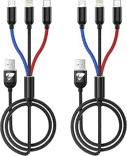 كابل شحن 3 في 1، عبوة من 2 كابل متعدد 1.2 متر، شحن سريع مع منافذ Type-C، Micro USB، وايفون، متوافق مع ايفون 14 13 وجالكسي S20 S9