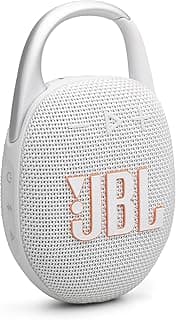 JBL مكبر صوت بلوتوث كليب 5 محمول للغاية، مقاوم للماء والغبار، صوت احترافي كبير مع صوت جهوري قوي، حلقة تثبيت مدمجة، حتى 12 ساعة من اللعب، مصنوع جزئيا من مواد معاد تدويرها (ابيض)