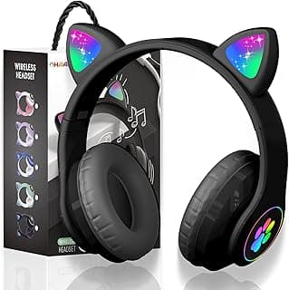 Wireless Bluetooth Headphones for Children, Foldable Girls Headphones Over Ear, LED Cute Cat Ears, Foldable, Bluetooth 5.0 Headphones for Tablet/Mobile Phone/PC (Black2)