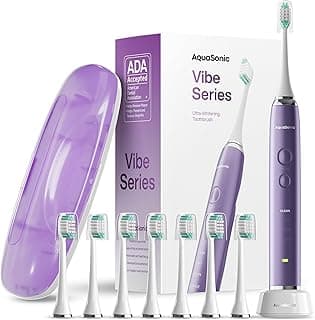 فرشاة أسنان Vibe Series للتبييض الفائق - فرشاة أسنان كهربائية معتمدة من ADA - 8 رؤوس فرشاة وحقيبة سفر - محرك 40,000 اهتزاز في الدقيقة وشحن لاسلكي - 4 أوضاع مع مؤقت ذكي - لون بنفسجي ساتان