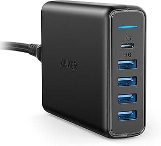 شاحن حائط USB C، شاحن سطح المكتب انكر بريميوم 60 واط 5 منافذ مع منفذ توصيل طاقة 30 واط لاجهزة ابل ماك بوك ونيكسس 5X/6P و4 منافذ باور اي كيو لايفون وايباد وغيرها، أسود