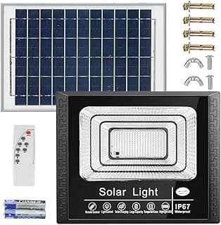 كشاف طاقة شمسية خارجي قوي 100W من JESWO مع ريموت كنترول، توقيت ومستشعر حركة، 220 LED، مقاوم للماء IP67 للحدائق والميادين والمدارس