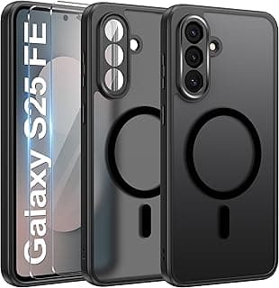جراب مغناطيسي لسامسونج Galaxy S25 Fe 5G متوافق مع MagSafe مع 2 شاشة حماية زجاجية، جراب مطفي مضاد للاصفرار ومضاد للصدمات مع حماية للكاميرا (أسود)