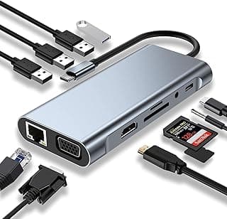 موزع USB C، محول USB C 11 في 1 دونجل مع 4K HDMI، VGA، نوع C PD، USB 3.0، RJ45 ايثرنت، قارئ بطاقات SD/TF، ومدخل AUX مقاس 3.5 ملم، قاعدة توصيل متوافقة مع ماك بوك برو/أير وأجهزة اللاب توب الأخرى نوع C
